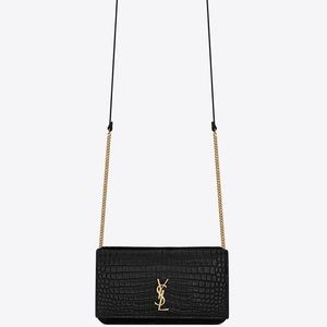 SAINT LAURENT PHONE HOLDER WITH STRAP IN SHINY CROCODILE-EMBOSSED LEATHER